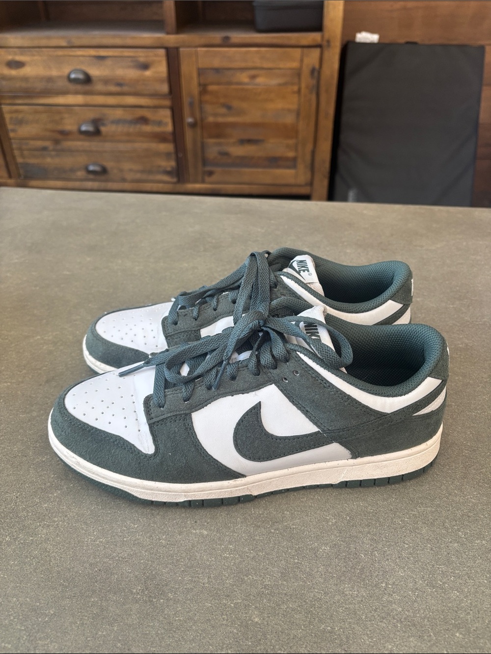 Nike Dunk Low Sneakers in White and Dark Green Suede